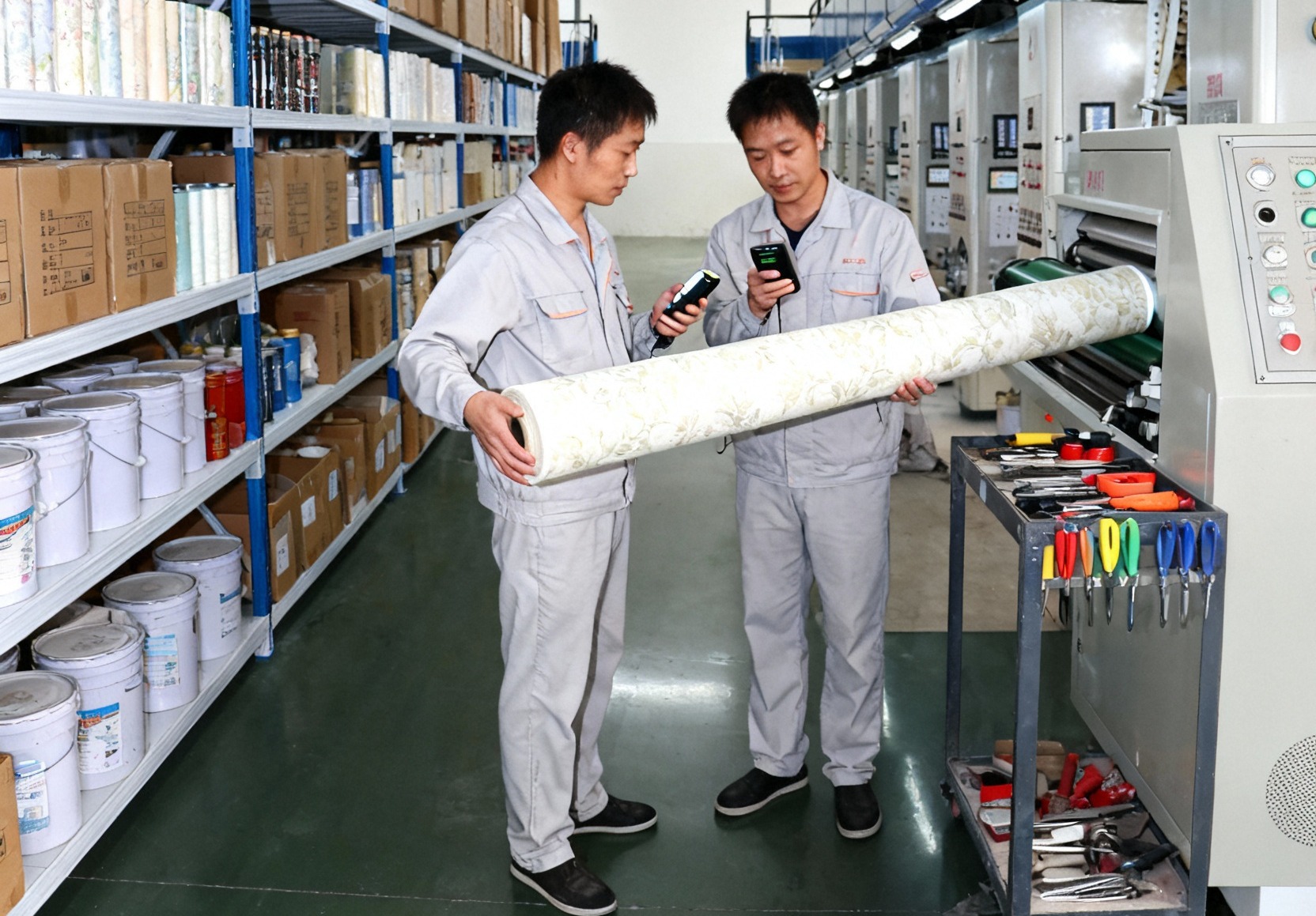 MelunMer craftspeople inspecting a wallpaper roll