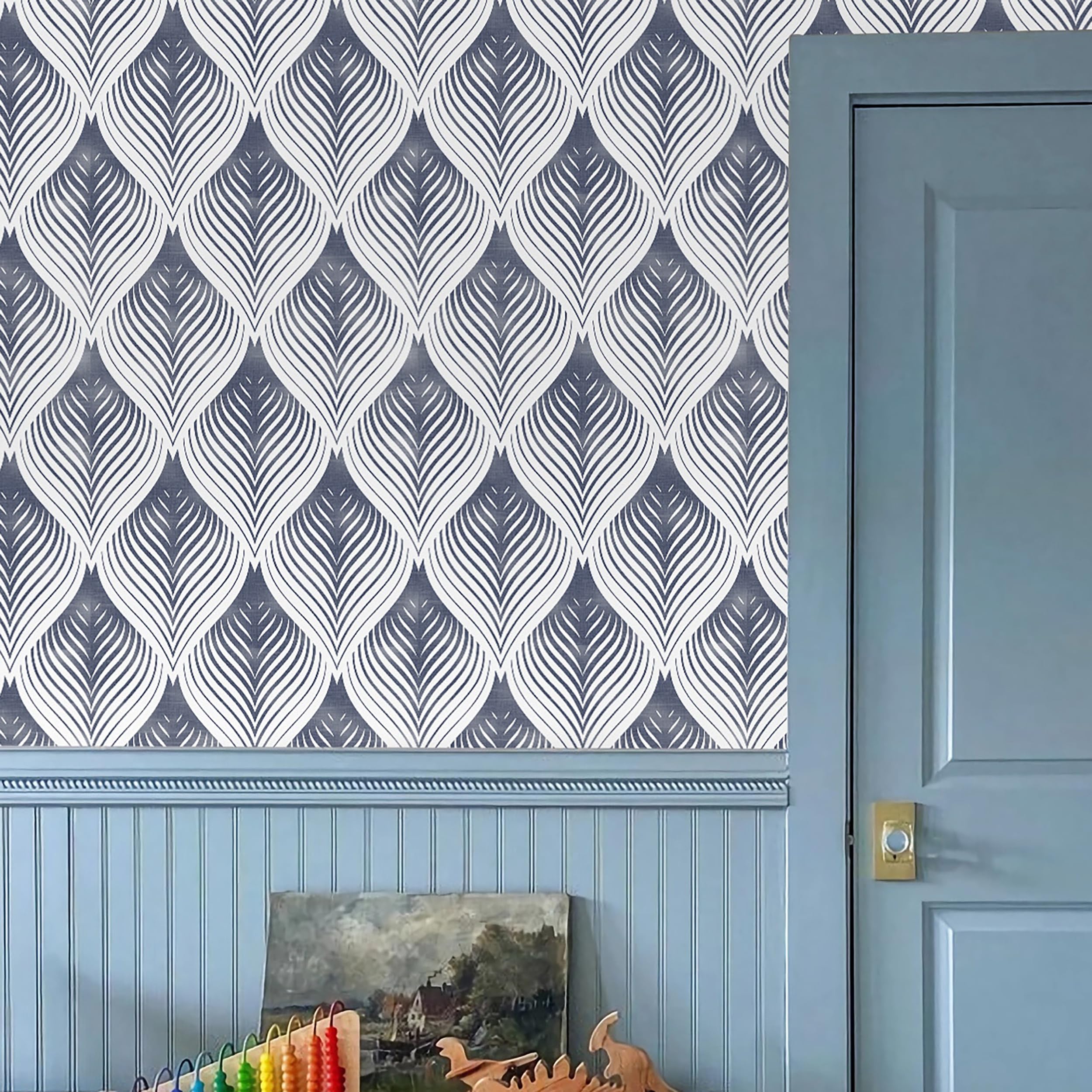 Blue botanical MelunMer wallpaper in a styled room